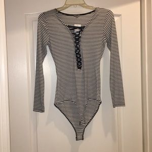 Charlotte Russe Long Sleeve Striped Shirt Bodysuit